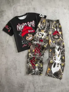 Men's Street Style Suit, Cartoon Character Digital Print Graphics T-Shirt, Camouflage & Flame Print Pants, Summer Outdoor Wear, Casual Fit