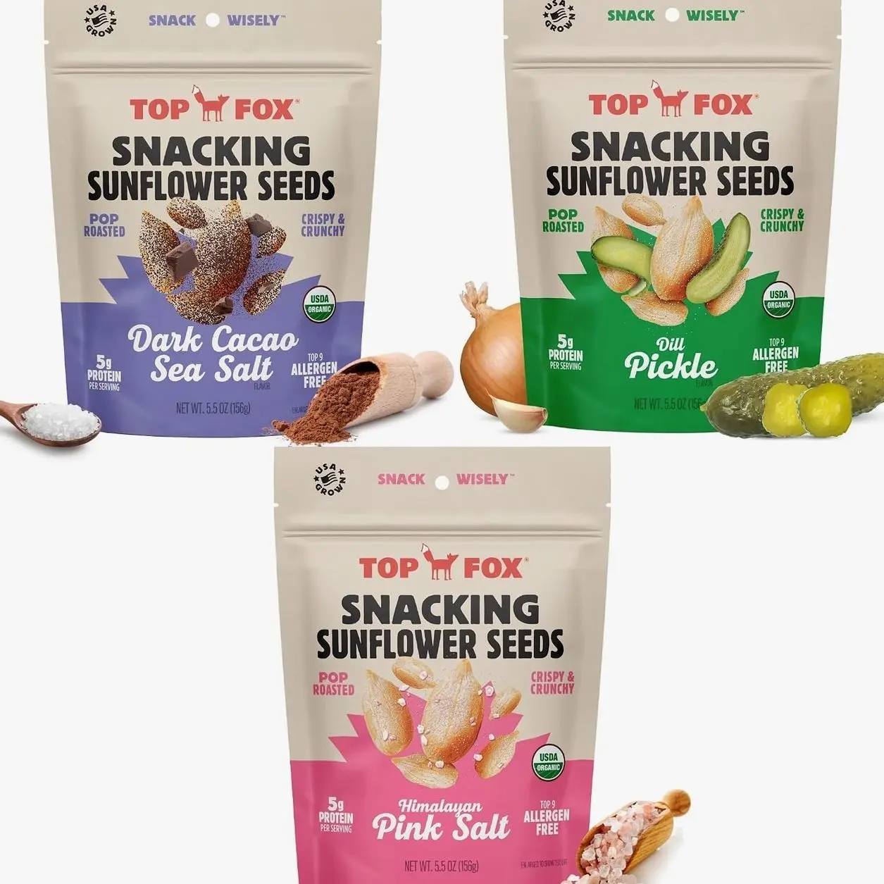 Top Fox Snacks Sunflower Seeds To Eat (Himalayan Salt, Dark Cacao Salt & Sea Salt, Dill Pickle Variety, 5.5 oz, Pack of 6) – Keto Friendly Snacks, Gluten Free Snacks, Protein Snacks, & Vegan - Organic