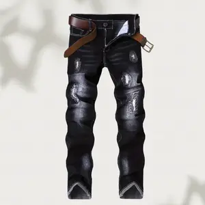1-pack men's jeans, men's jeans stretch ripped embroidered denim pants slim fit black distressed men's pants, suitable for all seasons Men's Ripped Zipper Skinny Jeans pocket denim jean Men's Relaxed Boot Cut Jeans flex straight men raw iron  oak  apparel