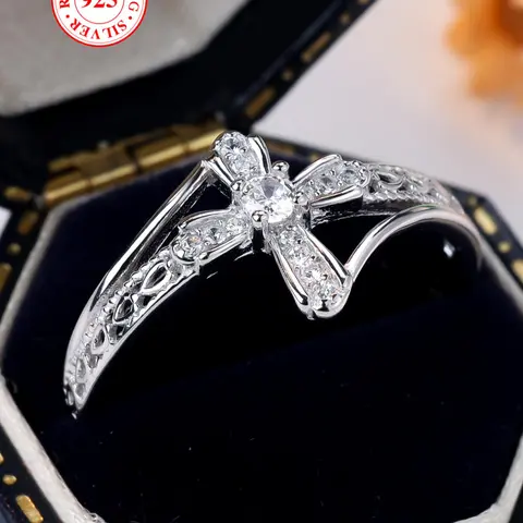 S925 Sterling Silver Cross Design Ring, Criss Cross Ring, Shiny Artificial Zirconia Ring, Statement Rings, Beautiful Rings, Jewelry Ring, Fashion Accessories for Women & Men, with Box