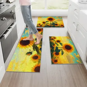 1/2/3PCS Sunflower Sunset Oil Painting Kitchen Rug Set,Farmhouse Rustic Floor Mats,Non Slip Washable Foldable Pineapple Check Comfort Cushioned Mats for Home Kitchen Decor,16"X24"/20"X32"/20"X47"