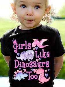 Kids T-Shirt with "Girls Like Dinosaurs Too" Dinosaur Print, Cute Casual Short Sleeve Top