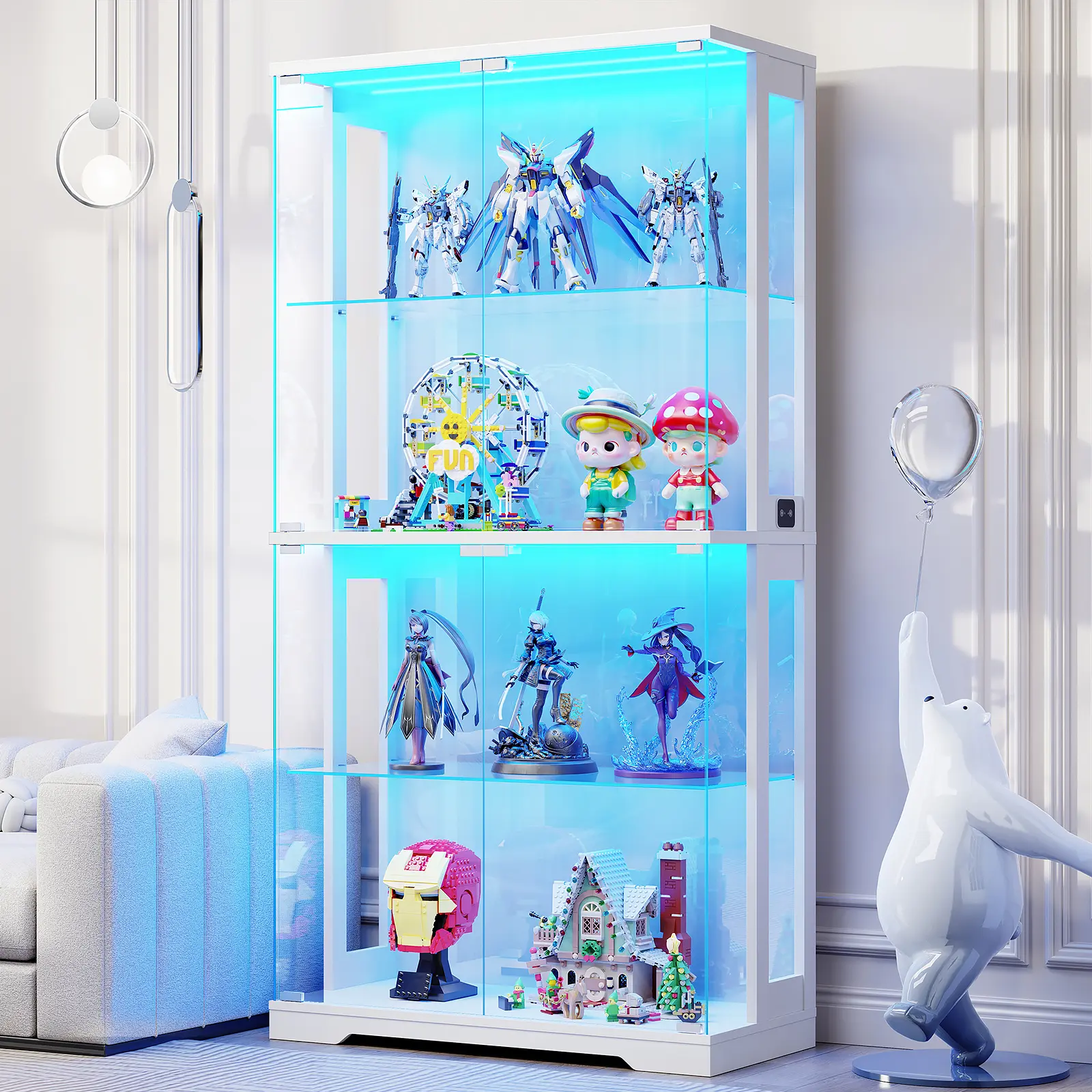 BROTTAR 65" Height Lighted Glass Display Cabinet with Glass Doors, 4-Tier Adjustable Curio Cabinet with 3 Color LED Lighting, Auto Sensor On Human Body Sensor, Transparent Full-Display Surface for Collectibles, Black