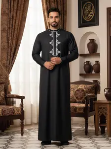 Men's Traditional Muslim Thobe, Embroidered Arabic Robe with Pockets for Eid & Daily Modest Wear