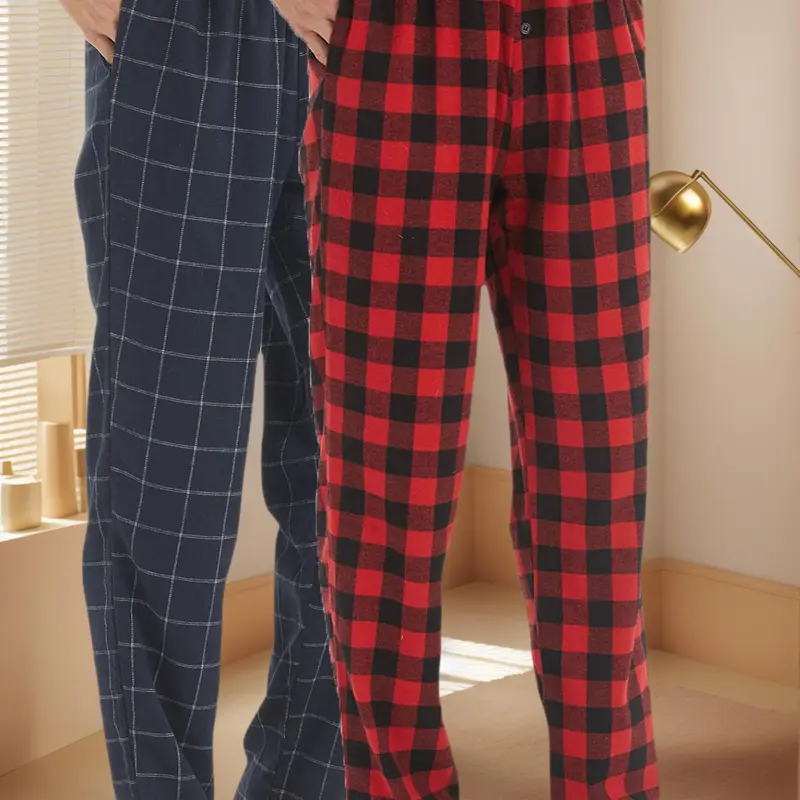 LANBAOSI Men's 2-Piece Soft Flannel Plaid Print Pajama Set - Loose Casual Polyester-Cotton Nightwear, Comfy Pants with Pockets, Elastic Waist, Drawstring for Christmas Dreamy Lounge Wear Pjs
