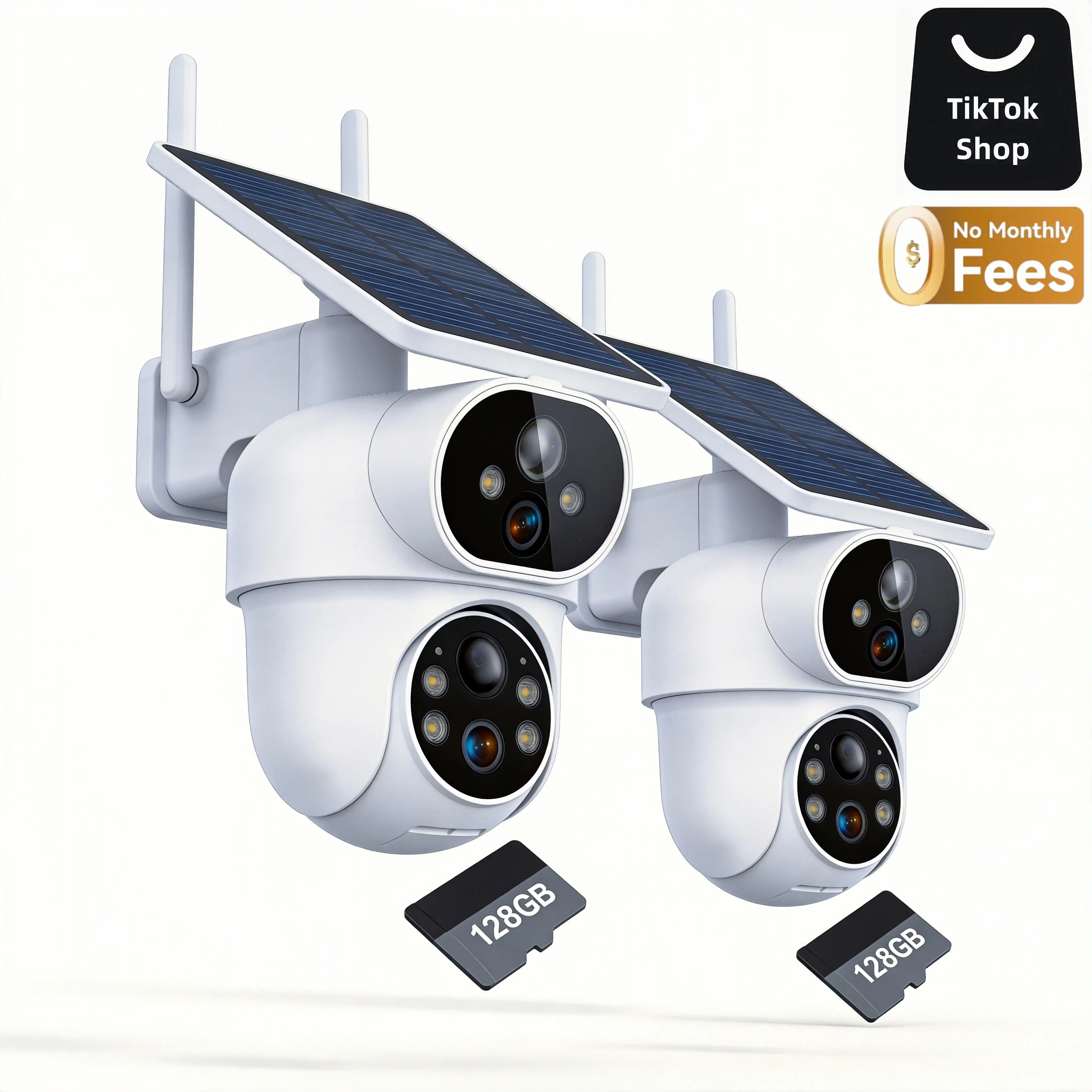 Solar 2K Camera Outdoor Wireless, Dual Lens PTZ, 128GB Local Storage Included,No Subscription, No Monthly Fee