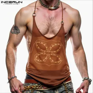 INCERUN Men's Sheer Print Strappy Sleeveless Top, Breathable Soft Fabric, Perfect For Vacation, Club Party And Casual Style