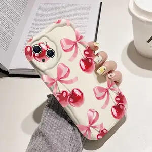 Phone case for iPhone 16 Pro Max 15 Plus 14 13 12 11 XR XS Cherry Bow Full Body Protection Shockproof Soft Silicone Cover