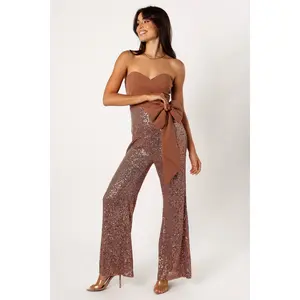 Jacquelin Bow Waist Sequin Jumpsuit - Tan