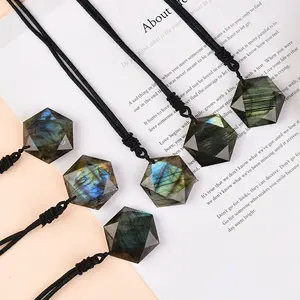 Natural Labradorite Hexagonal Pendant -  Healing Crystal Simple Necklace - Adjustable Amulet Protection Necklace Stone