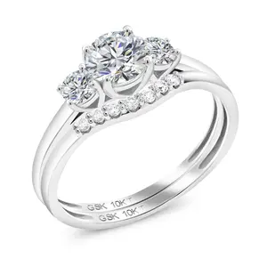 10K White Gold White Lab Grown Diamond 3-Stone Bridal Engagement Wedding Ring Set For Women | 0.75 Cttw | DEF Color | VVS-VS Clarity | Round 5MM and 3MM | Size 5,6,7,8,9