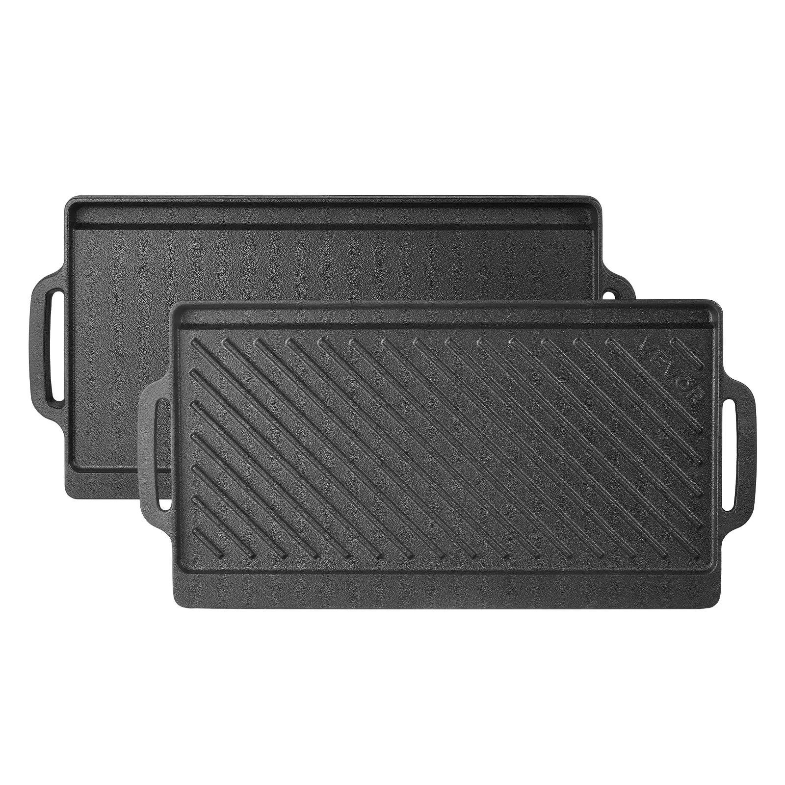 VEVOR Reversible Grill/Griddle 18x9 in Pre-Seasoned Cast Iron Pan Handle, for BBQ, Eggs, Pancakes, Burgers, Dual-Sided Plate, Portable Rectangular Cookware for Oven, Gas Stove, Grill, and Campfire