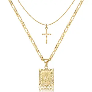Gold Layered Initial Cross Necklace, 14K Gold Plated Layering Square Letter Pendant Figaro Chain Cross Choker from A-Z Capital Jewelry for Women Girls