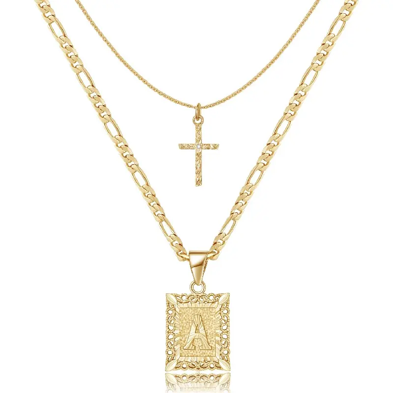 14K Gold Plated Layered Initial Cross Necklace A-Z Capital Square Letter Pendant Figaro Chain Cross Choker Dainty Layering Stackable Jewelry Minimalist Daily Accessory Gift for Women Girls Birthday Valentine Present