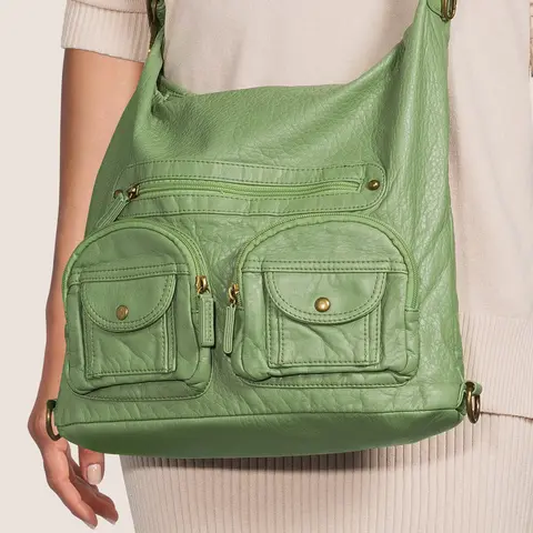 Ampere Creations Women's Minimalist 3-in-1 Convertible Crossbody Backpack Purse - Casual Everyday Backpack, Eco-Friendly, Adjustable Shoulder Strap, Plain, Organic Cotton & Soft Vegan-Leather, Soft Shape, 15in L x 12in H x 4.5in W, Zip Closure, Brass Tone