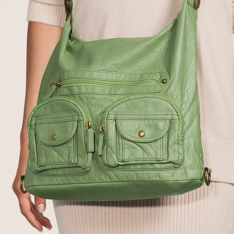 Ampere Creations Women's Minimalist 3-in-1 Convertible Crossbody Backpack Purse - Casual Everyday Backpack, Eco-Friendly, Adjustable Shoulder Strap, Plain, Organic Cotton & Soft Vegan-Leather, Soft Shape, 15in L x 12in H x 4.5in W, Zip Closure, Brass Tone