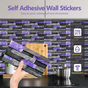 24 Sheets Peel and Stick Backsplash Marble Wall Tiles, Waterproof Oil-proof ,Purple Glossy Imitation Stone brick wall stickers , PVC Shower Wall Panels for Interior Wall Decor; Tile for Kitchen, Bathr