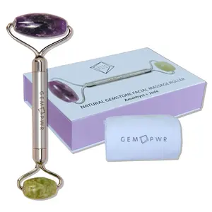 Amethyst + Jade Face Roller and Neck Massager, Dual Gemstones with Durable Steel Handle and Travel Bag. Minimize Wrinkles, Reduce Puffiness, and Restore Skin's Elasticity and Radiance facial tool facial massage