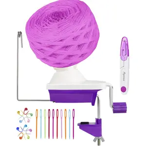 Hand Operated Yarn Ball Winder Knitting Set with Tabletop Clamp for Yarn Storage (22) Purple