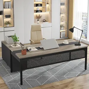 Tribesigns 70.8" Large Executive Office Desk and 47" Lateral File Cabinet Combo, L-Shaped Computer Desk Business Furniture with Drawers and Shelves, Home Office Workstation, Grey & Black Upholstered Tufted Chair