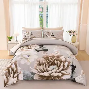 Comforter Set Full Size Khaki Floral Bedding Set 7 count Flower Bed Set with Sheets Reversible Large Peony Printed On Comforter Set for All Seasons(Khaki, Full)