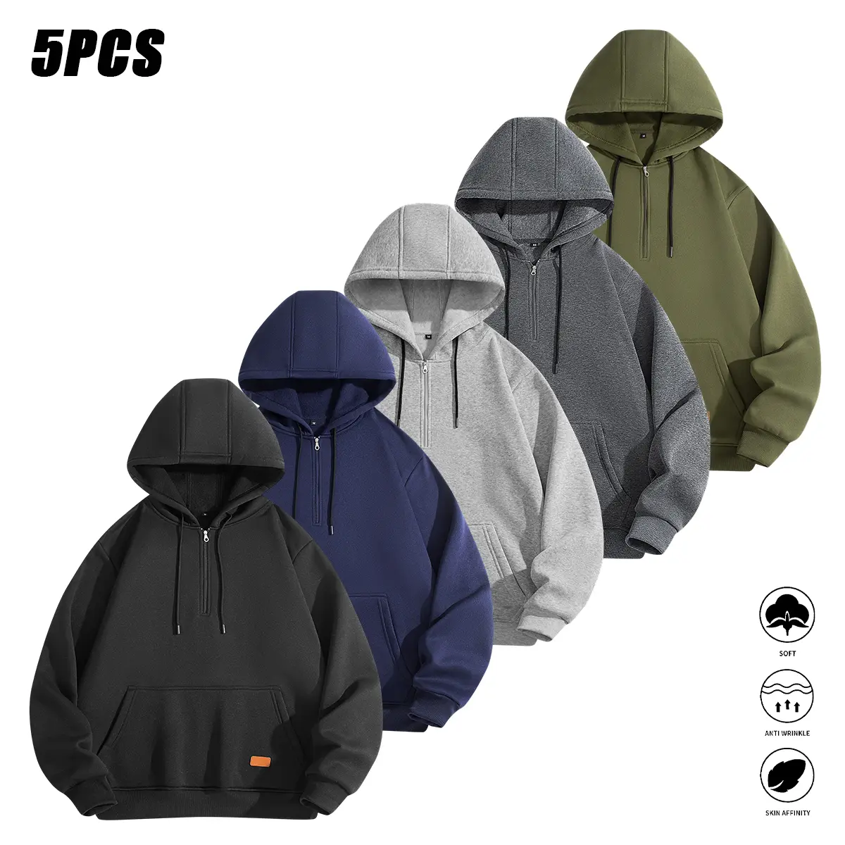 JOGWAVE 5PCS Men’s Hooded Pullover Sweatshirt, stylish solid-color design, made from polyester fiber, machine washable, autumn menswear, back-to-school shopping, campus style, regular fit, matching couple styles, wardrobe winter, lil baby popping out of n