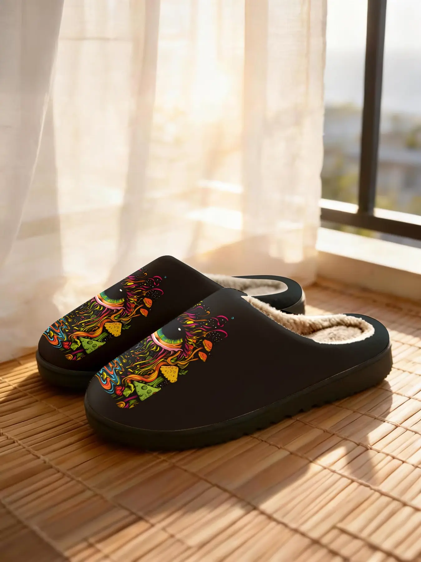 Psychedelic Eye Mushroom Art Style Home Plush Slippers 1 Pair, Psychedelic Cool Style, Faux Fur Lining + Fleece Warmth + Non-Slip Sole, Psychedelic Art Enthusiasts, Cool Lovers & Home Lovers for Home Foot Warmth + Stylish Outfits, Autumn & Winter Must-Hav