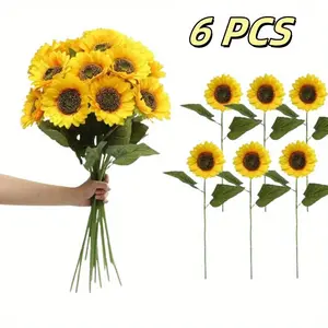 6 Packs Vibrant Artificial Sunflower Bouquet with Stems, Realistic Plastic Yellow Flowers for DIY Crafts, Home & Office, Wedding & Party Decoration, Valentine's Day or Birthday Gift