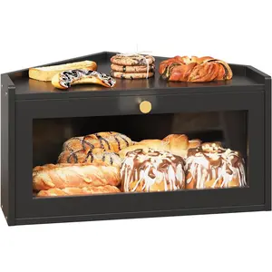 Corner Bamboo Bread Box for Counter Large Rustic Bread Container with Acrylic Door-Saving Vintage Bread for Homemade Bread (Black)