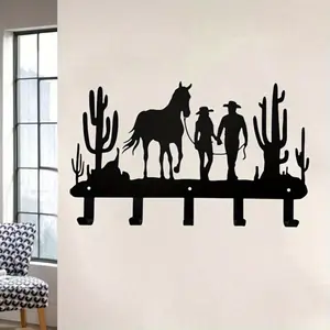 Western Cowboy Silhouette Wall Hook, Wall Mounted Hook, Wall Mountable, Rustic Home Decor, Metal Clothes Hanger, Horse and Sunset Design, Easy Installation, Entryway or Office