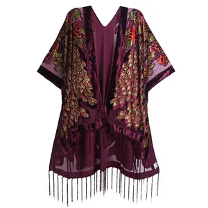 WeHello Women's Peacock Cardigan Boho Burnout Velvet Kimono Long Cover Up with Tassel Casual Cardigan Shawl Flowy Fabric Beachwear Suit Swimwear Coverups