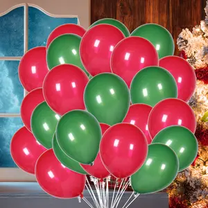 50 pcs Red And Green 12 Inch Christmas Party Balloons With Ribbons, Matte Red And Dark Green Latex Helium Balloons For Christmas And New Year Birthday Party Decoration