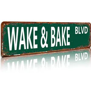 Wake & Bake Blvd Aluminum Metal Sign - Funny Vintage Weed Marijuana Wall Art Decor, 16x4 Inch Slim Street Sign for Home Bar Cafe Garage Indoor/Outdoor, Humorous Gift for Mother'S Day Father'S Day Graduation 4th of July, Vintage Aluminum Metal Sign