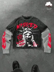 Men's Fitted Patchwork Long Sleeve Shirt, Unique Aesthetic Style with Streetwear, Graphic and American Culture Elements, Trendy Fashion for Individual Personality, Top