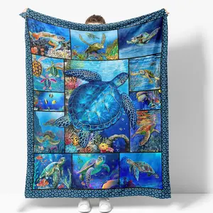 Ultra-Soft Cozy Flannel Ocean Turtle Throw Blanket, Double-Sided Flannel Fabric with Heat Print, 60"x50" Size for Women, Ideal Birthday/Christmas Gifts, Ocean Turtle Themed Bedroom Couch Decor