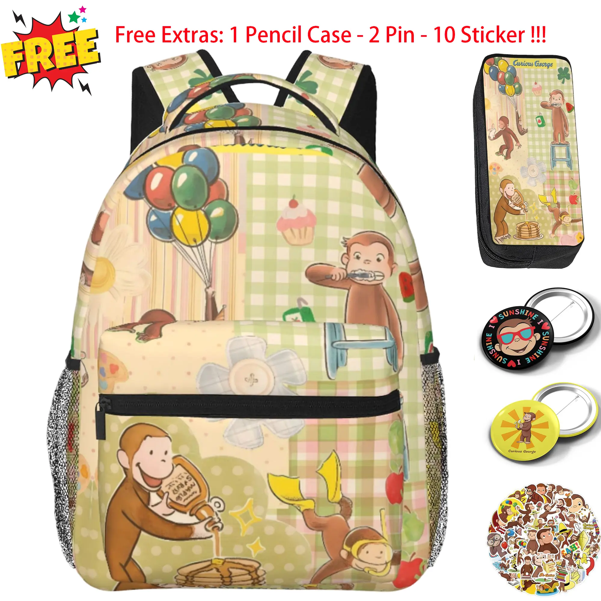 Curious george Backpack for Girls, Women 15.7Inches Curious george toys Backpacks for Teens, Adults Curious george stuffed animal Fashion Print Bookbag for Work And Travel