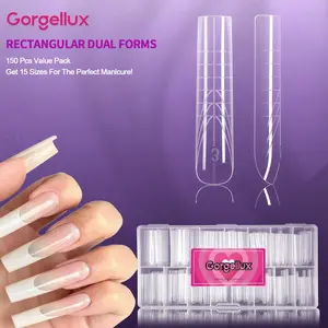150Pcs Rectangular Nail Dual Forms, 15 Sizes Clear Extension Molds with Guide Lines, High Toughness Reusable UV/LED Gel Molds for French Manicure & Nail Art