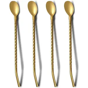 Gold Iced Tea Spoon With Straw Handle For Drinking, 4 Pieces 8.7" Stainless Steel Long Handle Titanium Gold Plating Bar Spork Spoon Silverware For Cocktail, Ice Cream, Mixing and Stirring