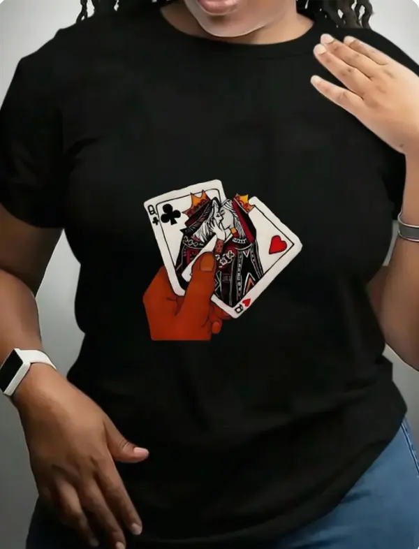 Women's Cotton Short-Sleeve T-Shirt - Kissing Queen Of Hearts Club Playing Cards Graphic, Casual, Comfortable, Heat Transfer Art, Ideal for Daily Outings & Friend Gatherings, Pair with Jeans, Streetwear Essential