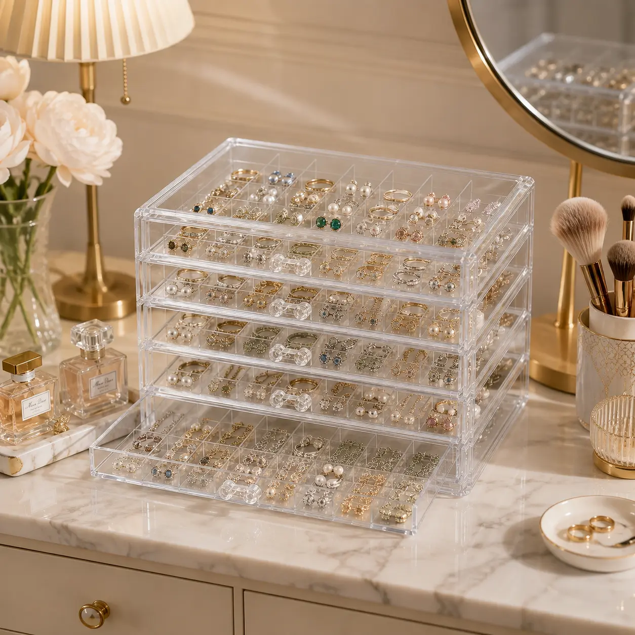 5 Layer Acrylic Jewelry Organizer, Clear Vanity Storage Box for Rings, Earrings & Necklace, Birthday Gift for Her