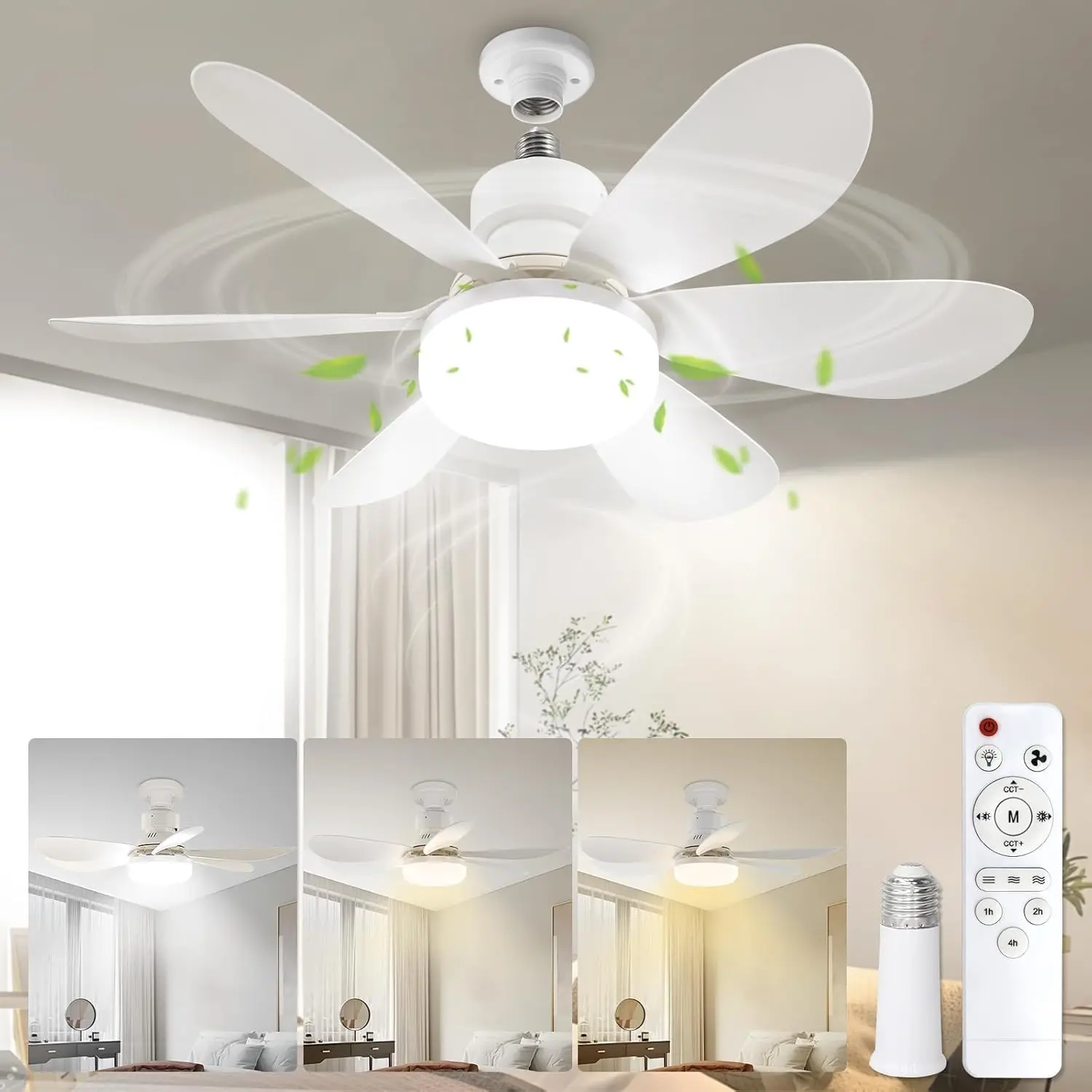 20.5"Socket Fan Light with Remote,E26 Base 40W/3000-6000K Dimming | Portable Small Screw in Ceiling Fan with Light Bulb for Bedroom,Kitchen,Garage,3Color Modes,1900LM 8-Level Dimming Brightness