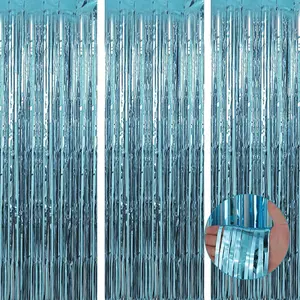 3 Pack 3.3 x 9.9 ft Light Blue Foil Fringe Backdrop Curtain, Streamer Backdrop Curtains, Streamers Birthday Party Decorations, Tinsel Curtain for Parties, Galentines Decor, Photo Booth