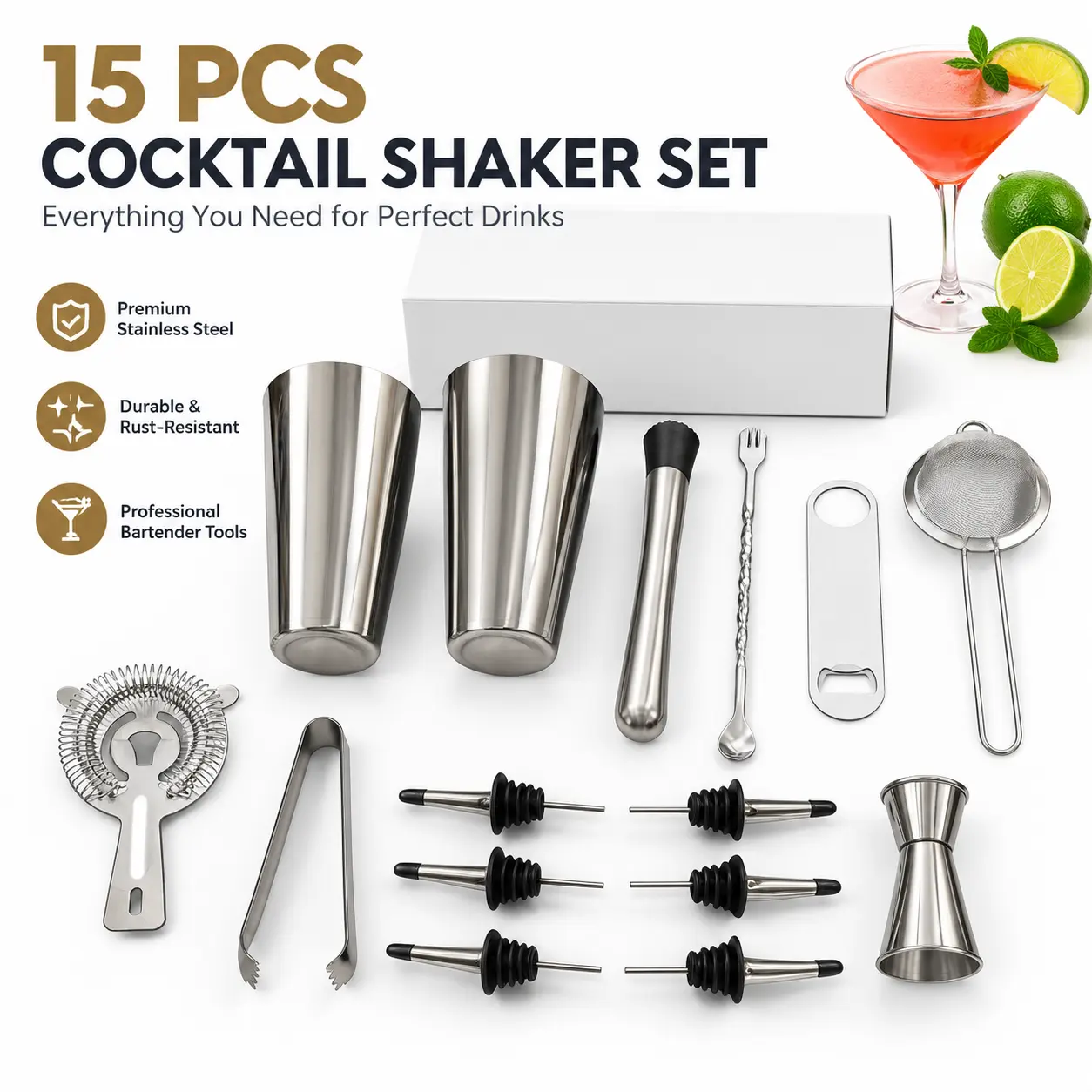 15-Piece Boston Cocktail Shaker Set, Stainless Steel Bartender Bar Tools Kit for Home Bar, Party and Drink Mixing
