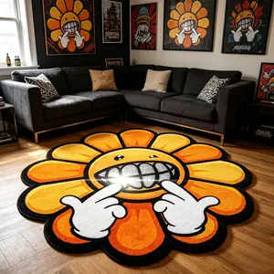 Trendy Sunflower Shape Rug, Casual Alien Pattern Mat, Soft Comfortable, Hand Wash Only, Ideal for Living Room, Bedroom, Kitchen, Hallway Decor, Floral Shaped Rug
