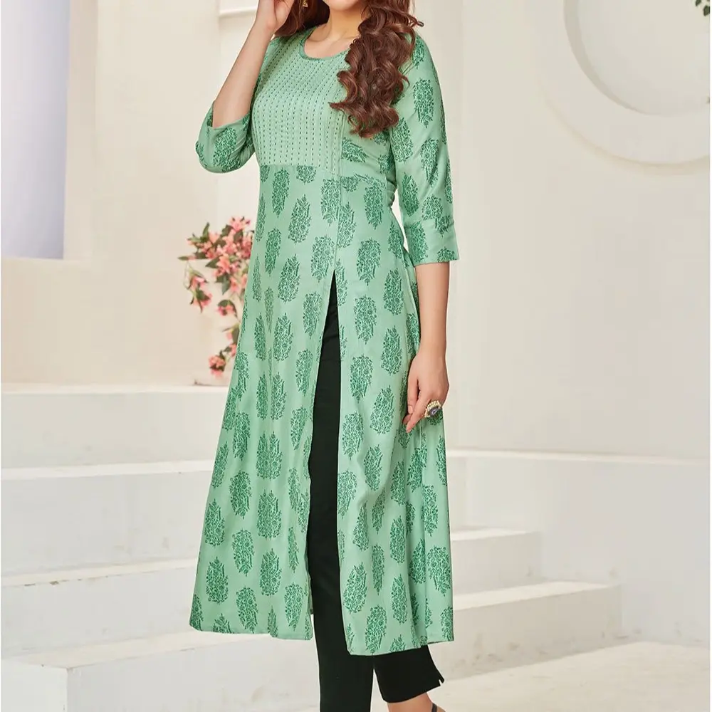 Sea-green long gown style Rayon Print Party Wear Kurti