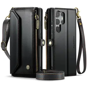 Magnetic Closure Phone Case with Card Holder & Wrist Strap, TPU Anti-drop Phone Case with Zipper Pouch, Crossbody Strap, Phone Accessories for Samsung Galaxy, Screen Protector