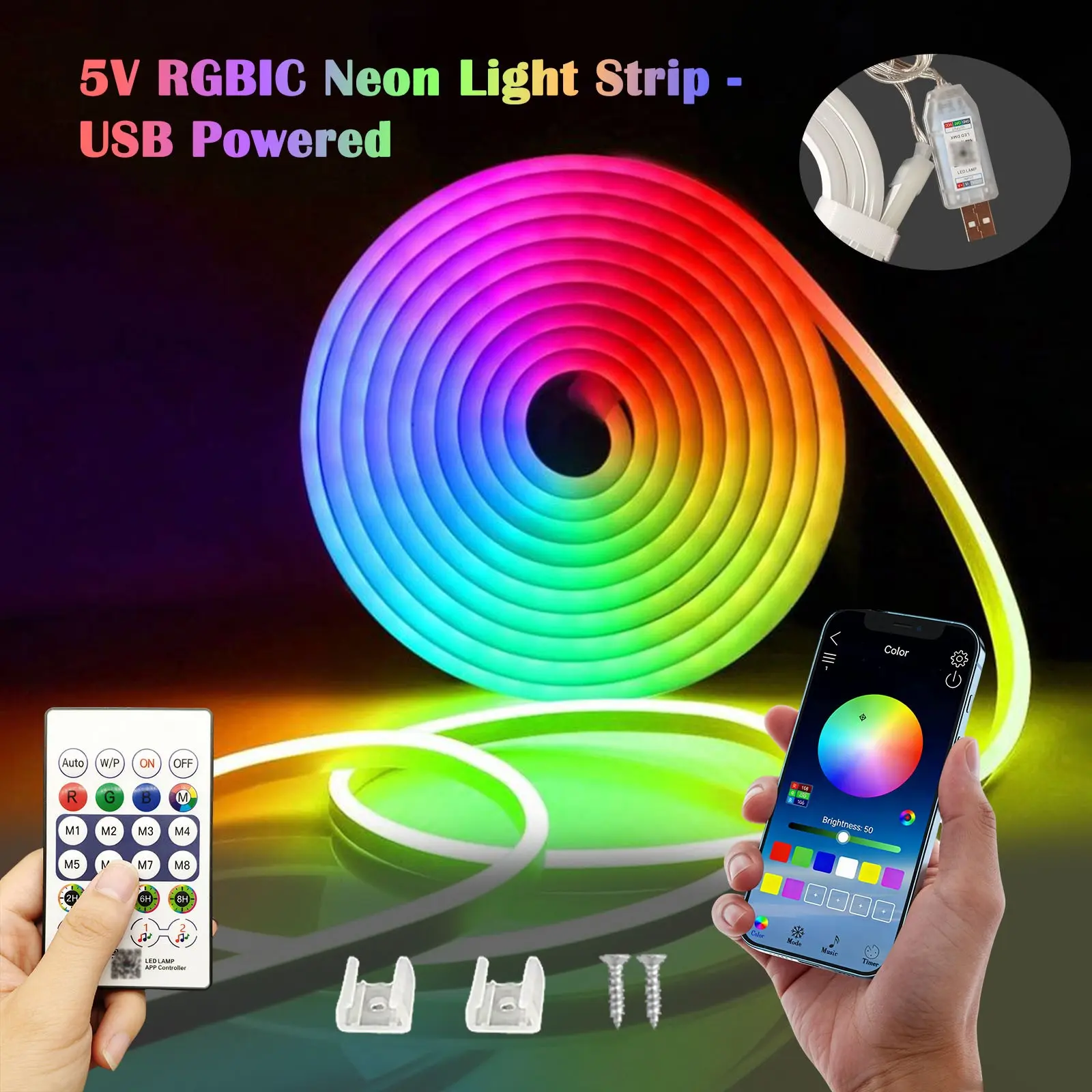 Smart RGB Color Changing LED Neon Strip Powered by USB, Decorative Neon Light, Flexible LED Light Strip, APP + Remote Control, Multiple Modes, Dynamic & Static Lights, DIY Decor, Suitable for parties, home atmosphere decoration, TV backlighting