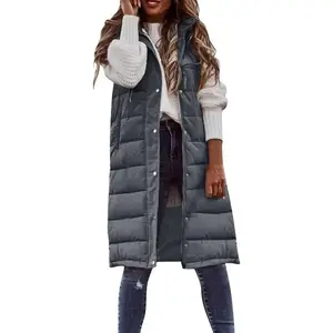 Womens Puffer Vests Lightweight Long Sleeveless Quilted Puffer Jacket Long Puffy Vest With Hood Winter Warm Coats