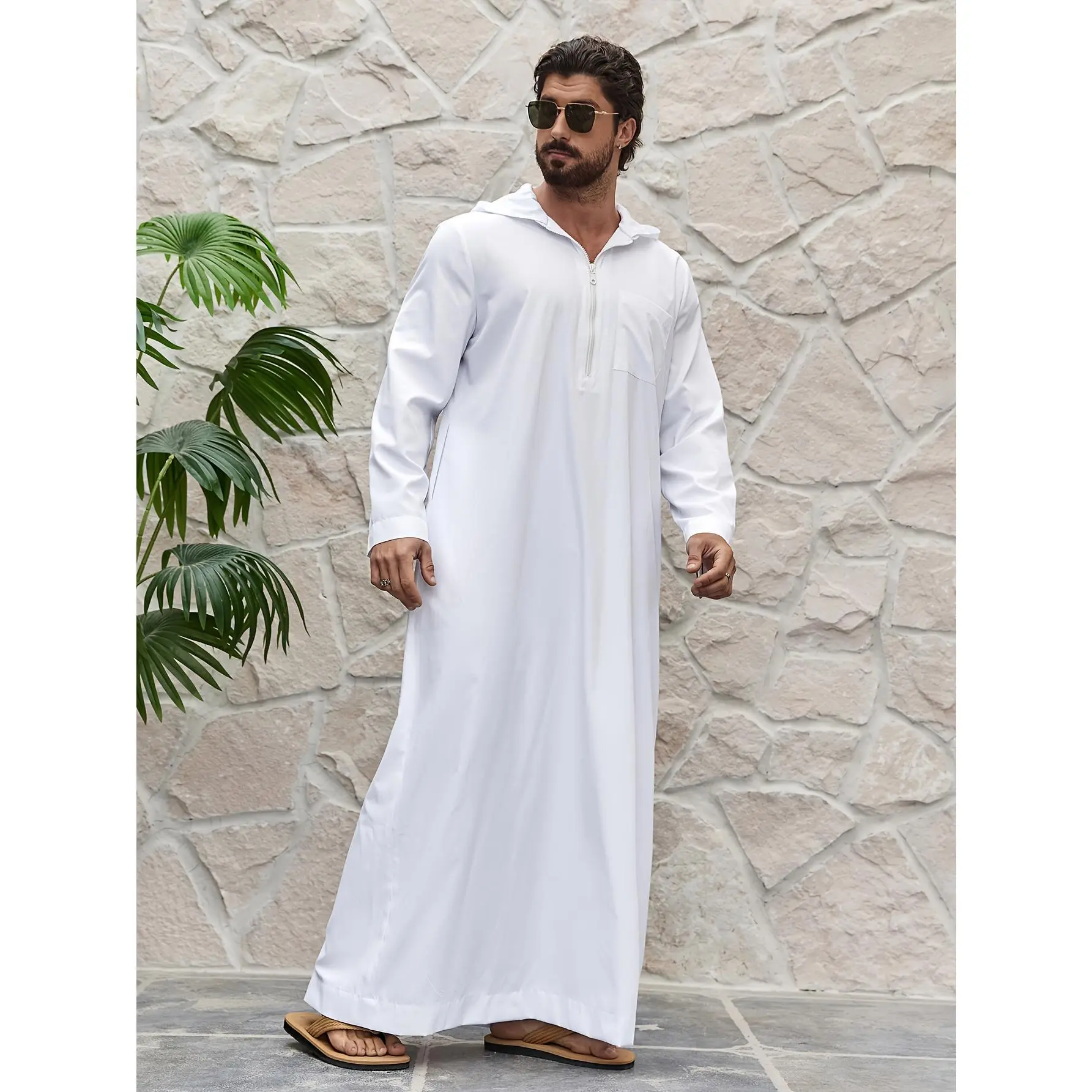 Men's Polyester Hooded Kaftan - Loose Fit, Middle Eastern Style Robe with Zipper Pocket for All Seasons
