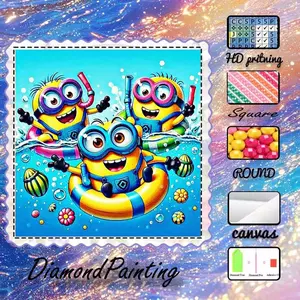 DIY 5D Flocking Cloth Diamond Painting Craft Set, AB rhinestones, fairy dust rhinestones, crystal rhinestones, Minions, swim ring, underwater diamond embroidery, Special Technique Diamond Art Kit, wall decoration, gift for family, loved ones, and friends